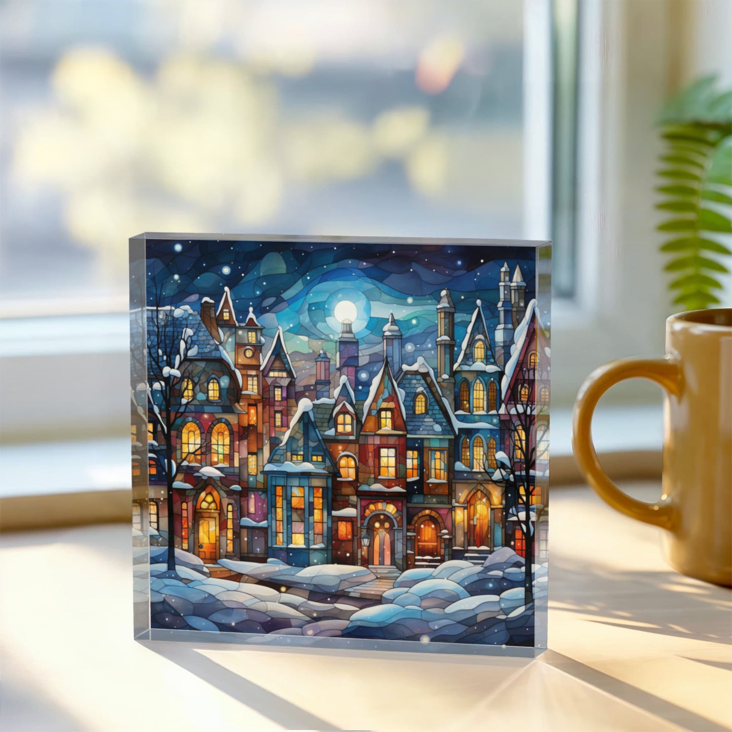 Christmas Stained Glass Style Design 004 - 6" x 6" Acrylic Block