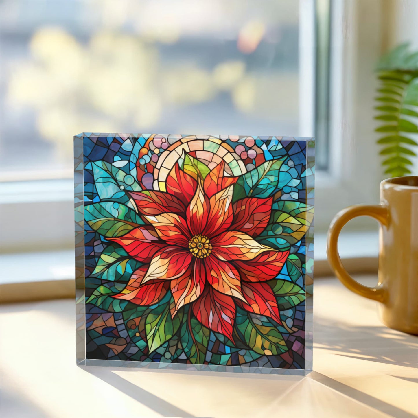 Christmas Stained Glass Style Design 001 - 6" x 6" Acrylic Block