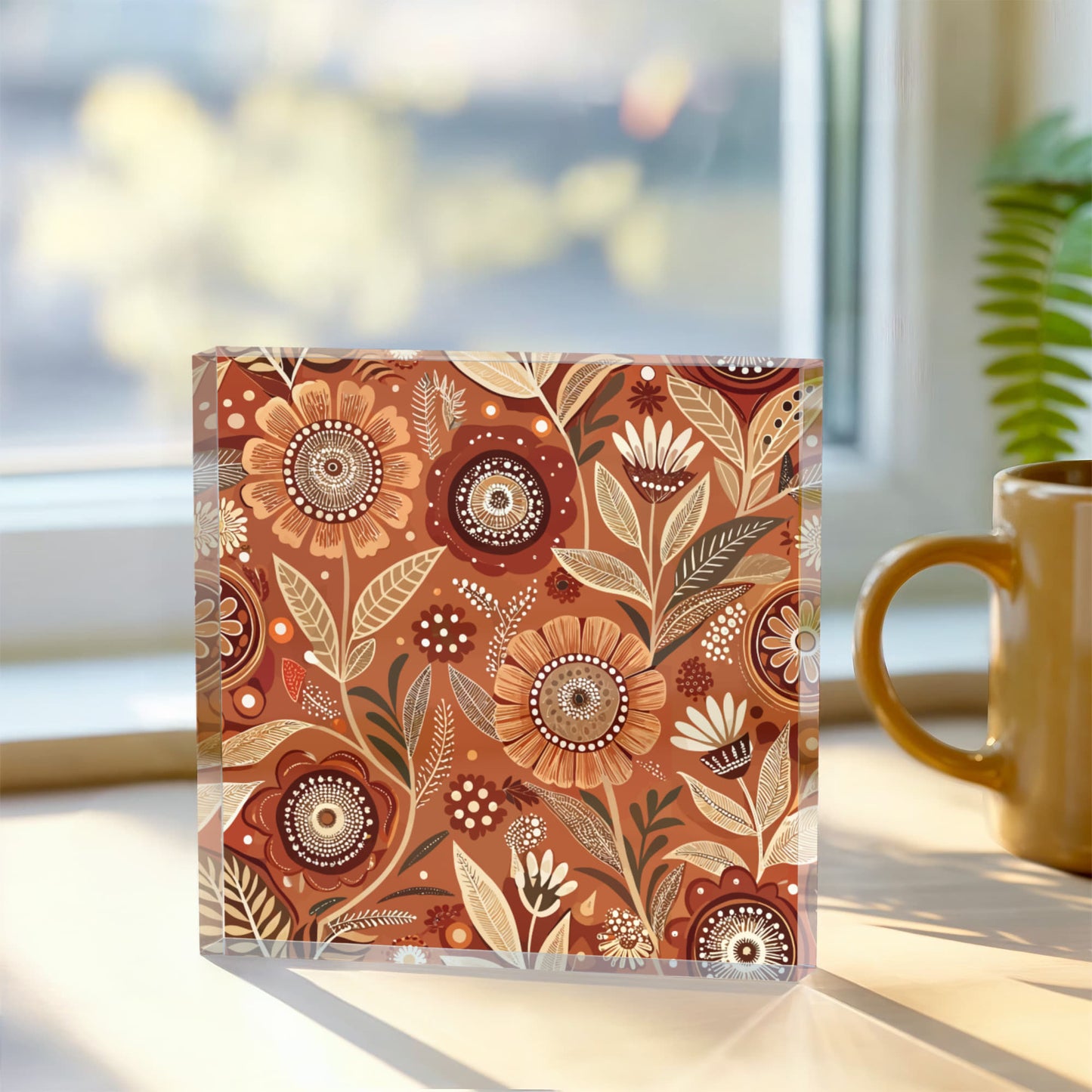 Folk Floral Pattern, Aboriginal Inspired 02 - 6" x 6" Acrylic Block