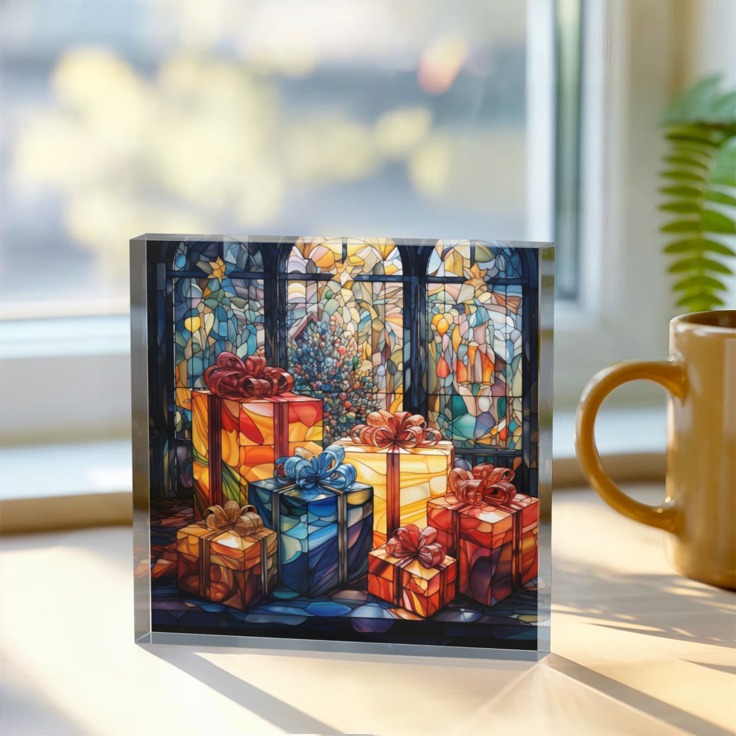 Christmas Stained Glass Style Design 008 - 6" x 6" Acrylic Block