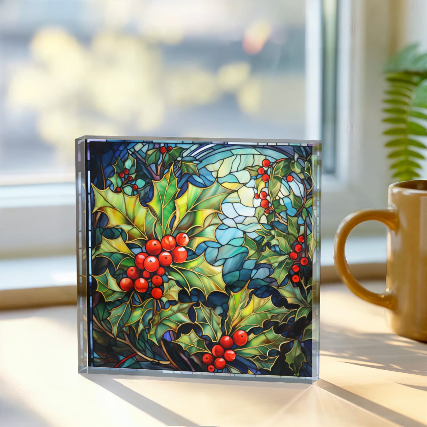 Christmas Stained Glass Style Design 007 - 6" x 6" Acrylic Block