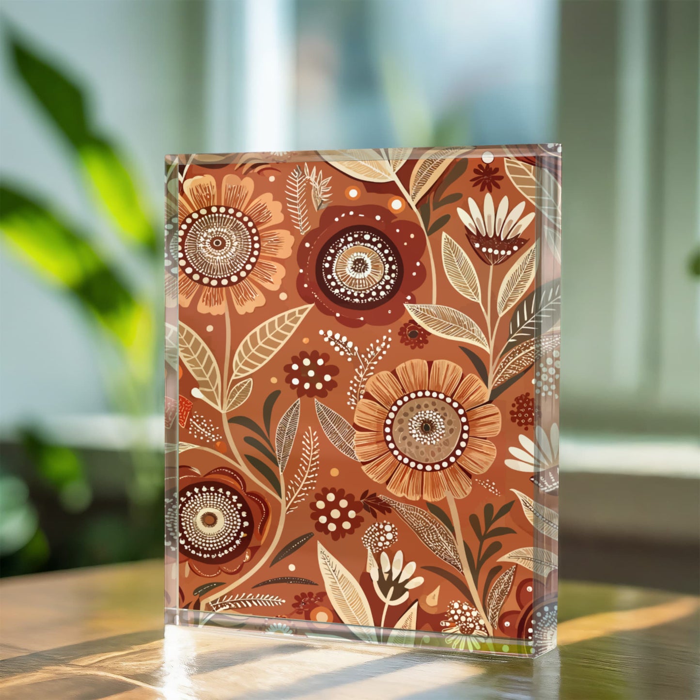Folk Floral Pattern, Aboriginal Inspired 02 - 5.25" x 7" Acrylic Block