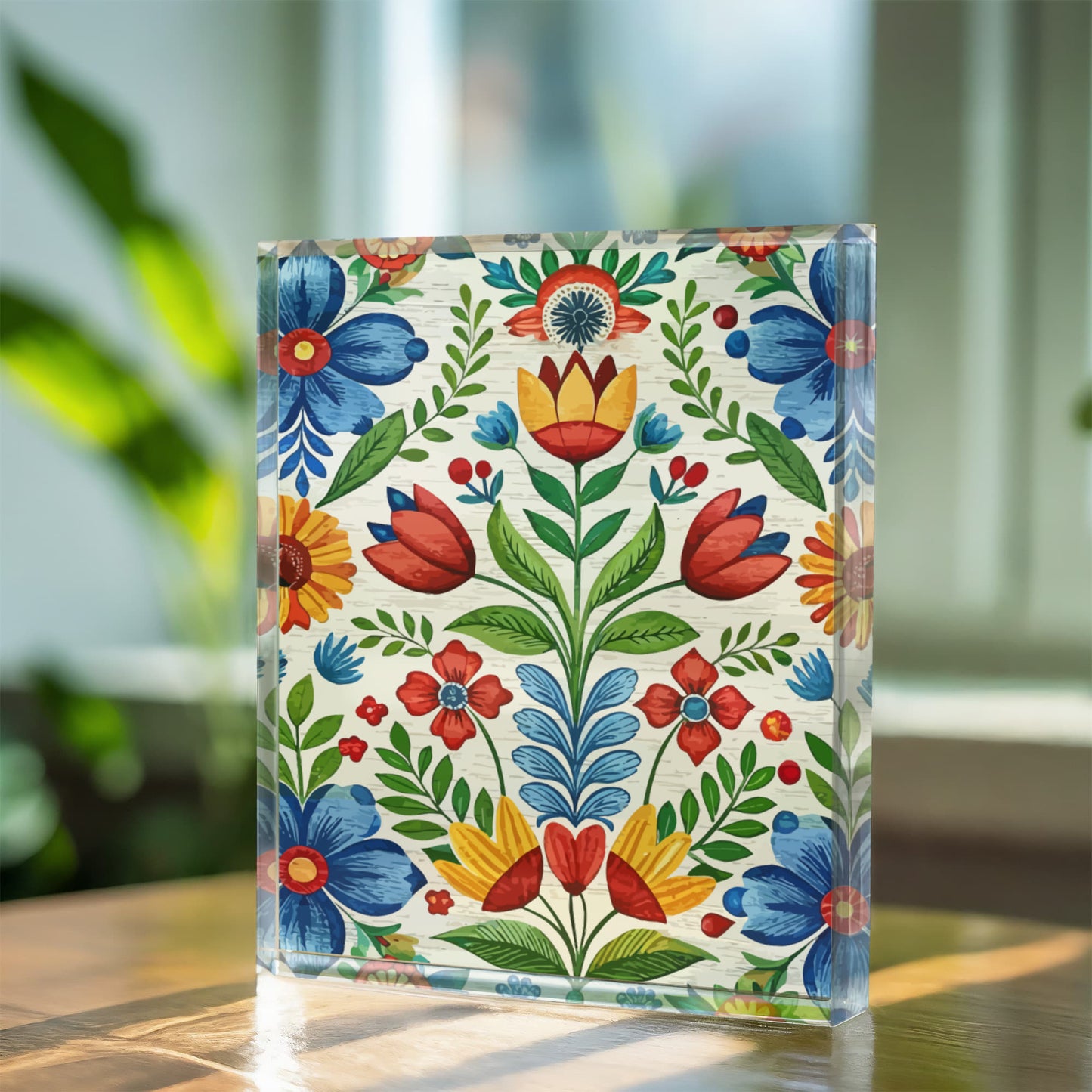Folk Floral Pattern, Swedish Inspired 02 - 5.25" x 7" Acrylic Block