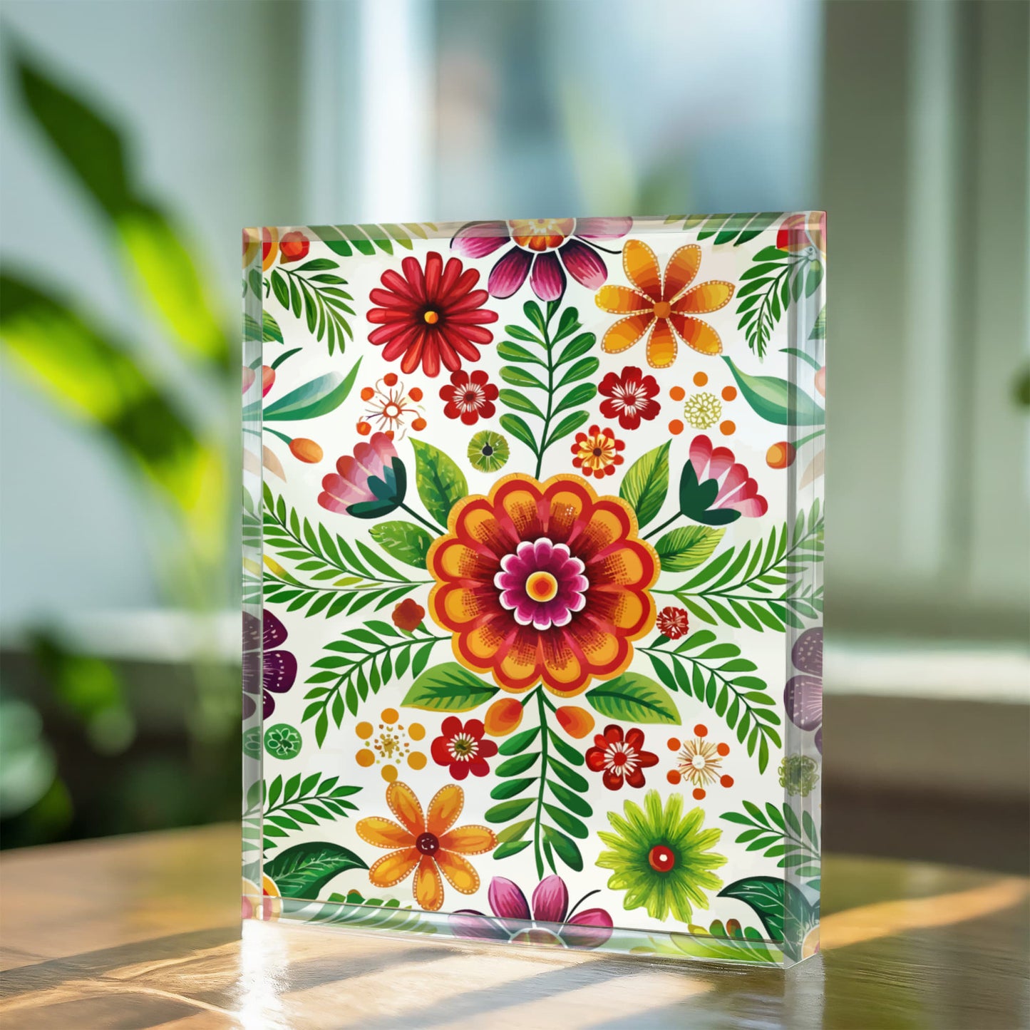 Folk Floral Pattern, Mexican Inspired 02 - 5.25" x 7" Acrylic Block