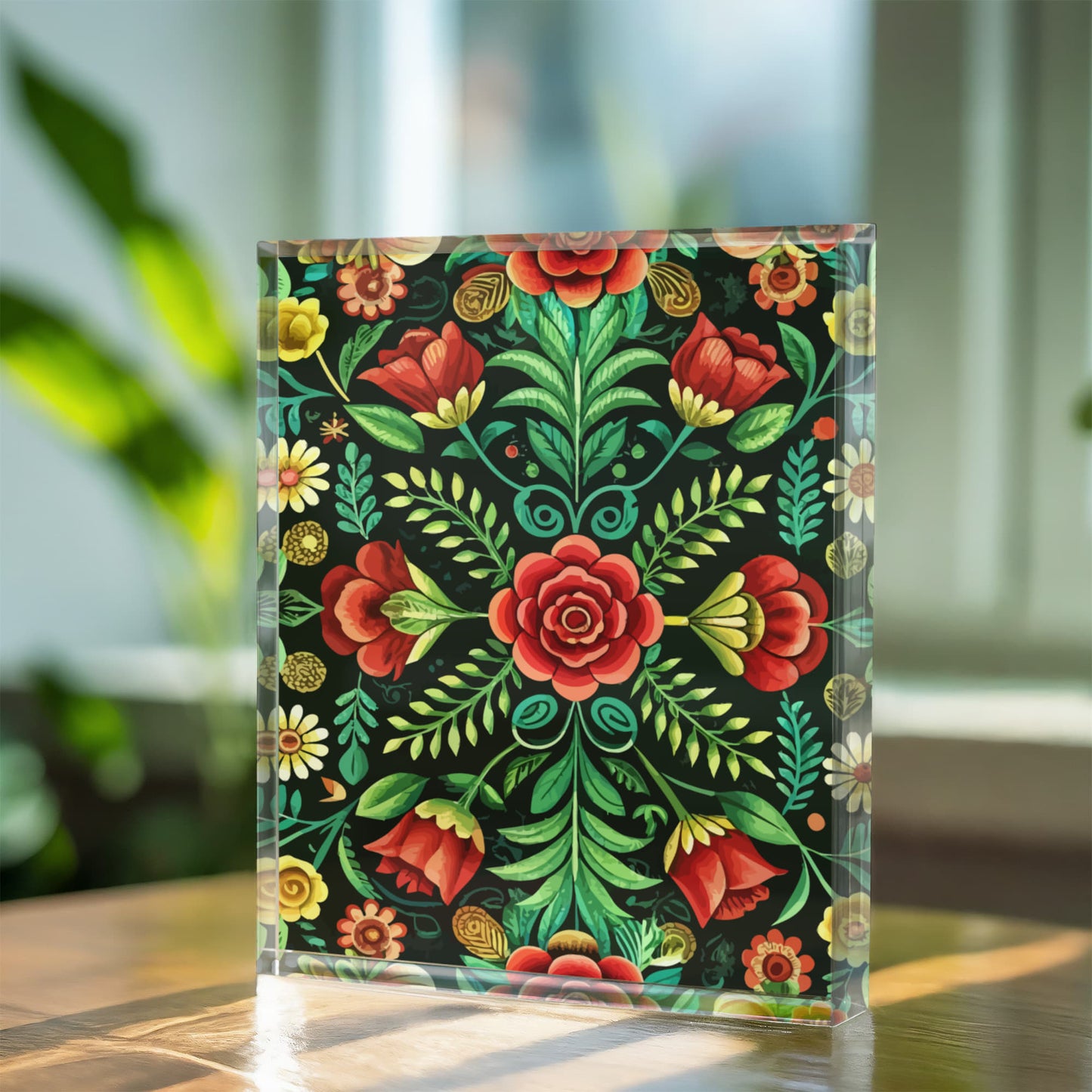 Folk Floral Pattern, Hungarian Inspired 06 - 5.25" x 7" Acrylic Block