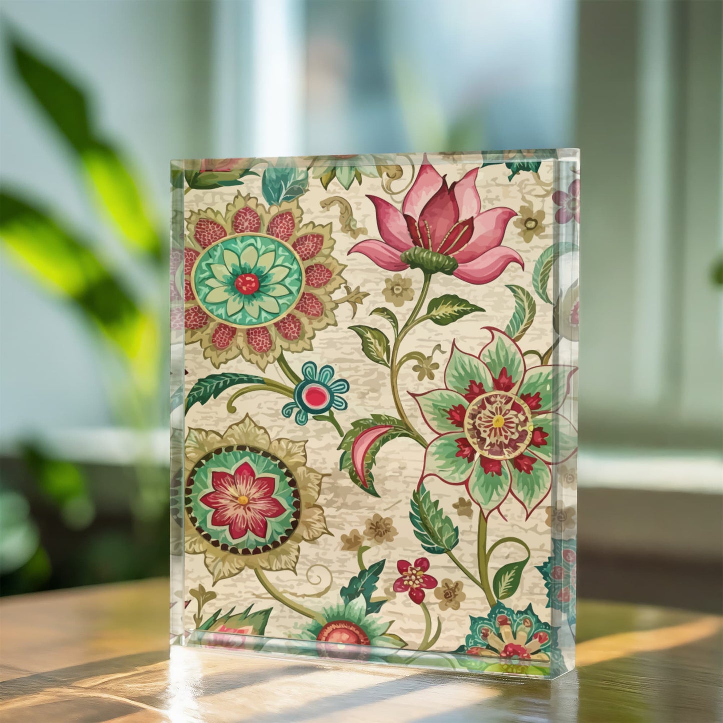 Folk Floral Pattern, Indian Inspired 01 - 5.25" x 7" Acrylic Block