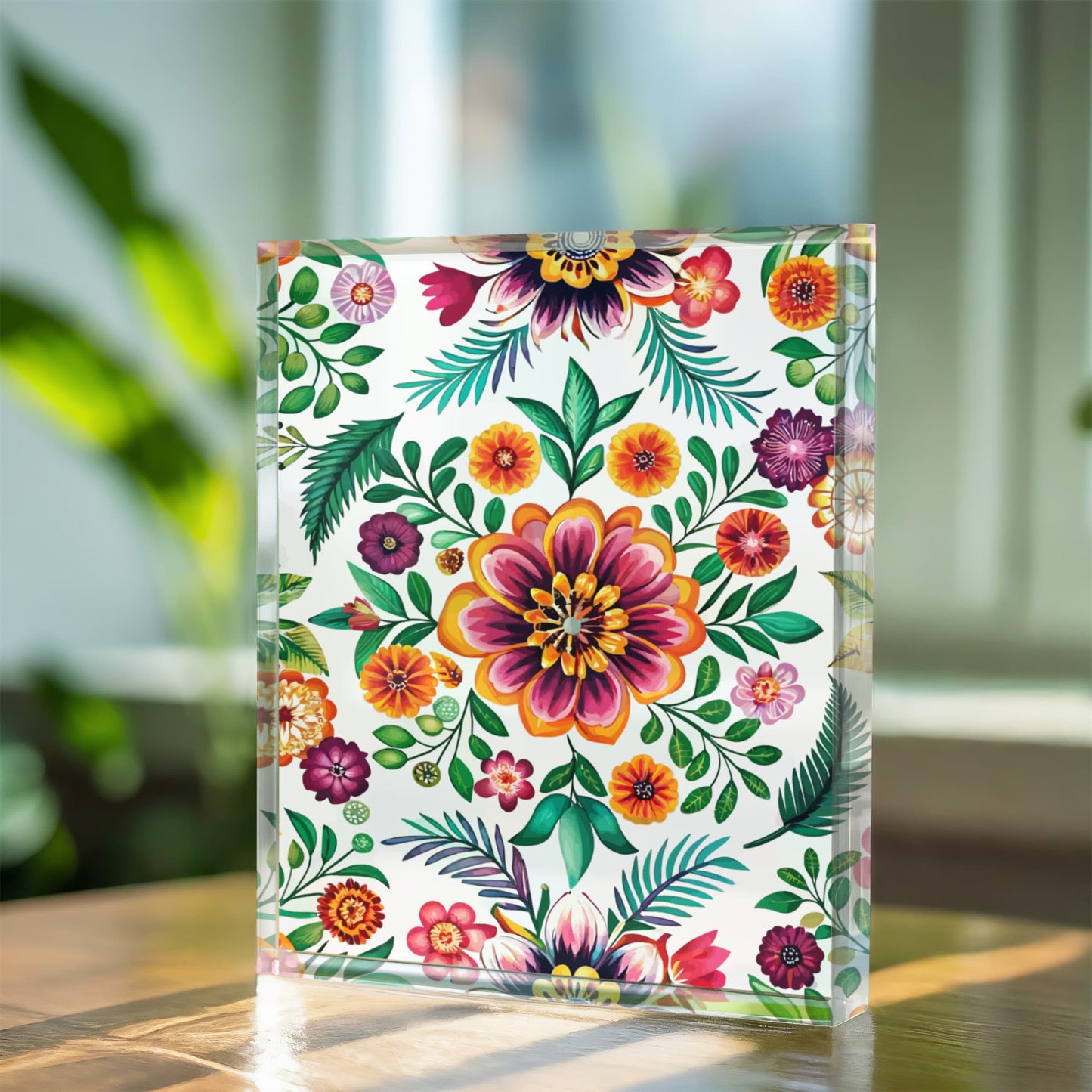 Folk Floral Pattern, Mexican Inspired 01 - 5.25" x 7" Acrylic Block