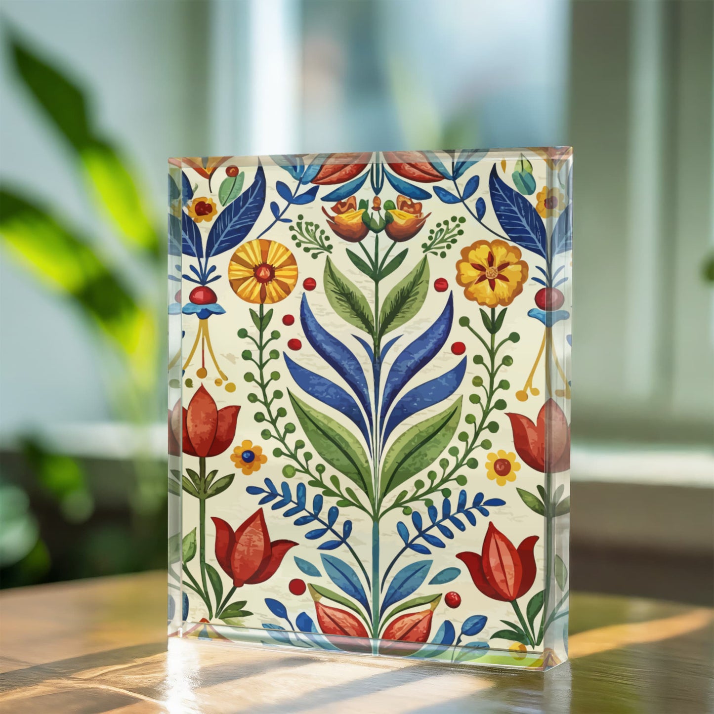 Folk Floral Pattern, Swedish Inspired 01 - 5.25" x 7" Acrylic Block