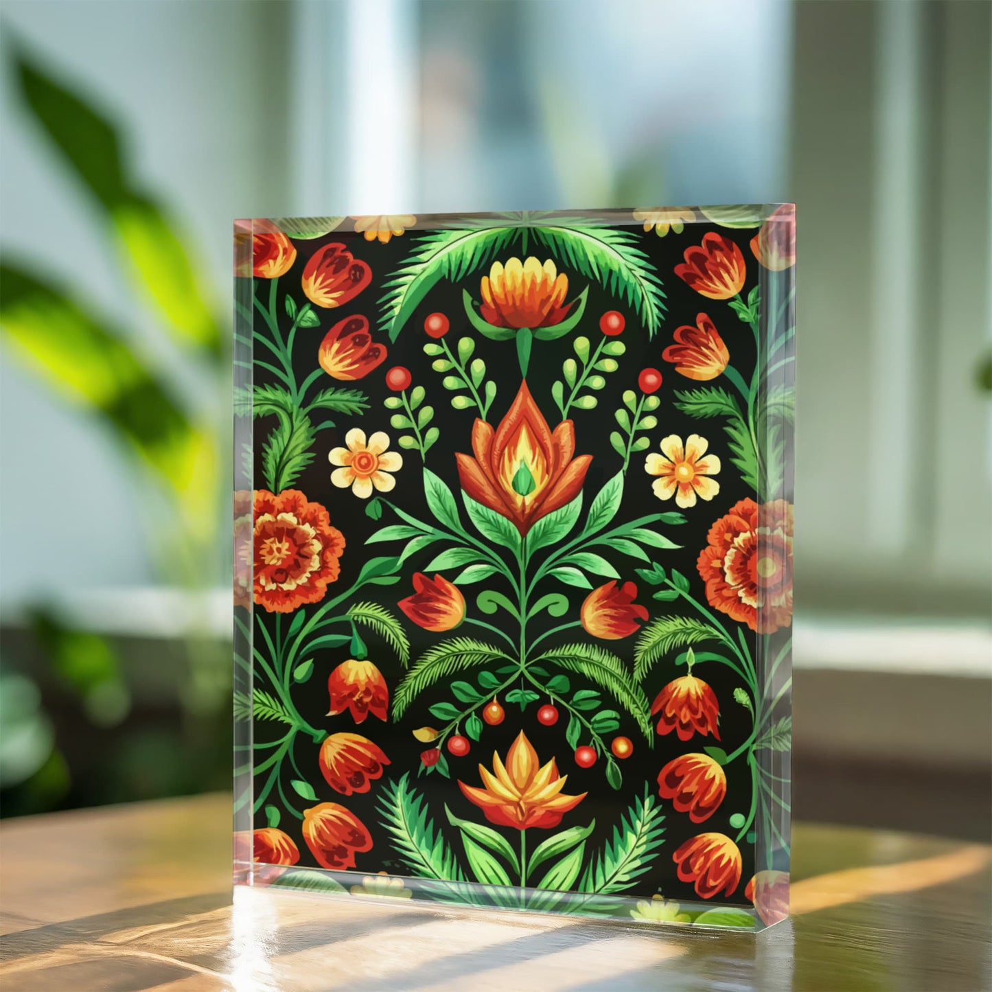 Folk Floral Pattern, Hungarian Inspired 02 - 5.25" x 7" Acrylic Block