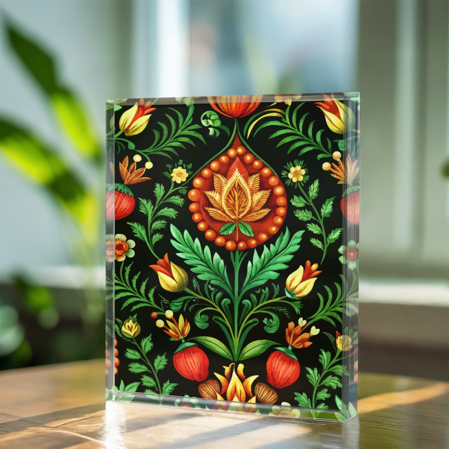 Folk Floral Pattern, Hungarian Inspired 01 - 5.25" x 7" Acrylic Block