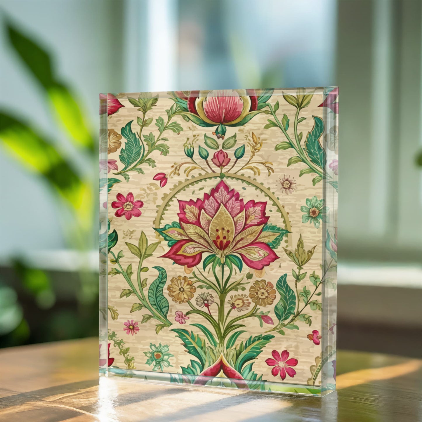 Folk Floral Pattern, Indian Inspired 02 - 5.25" x 7" Acrylic Block
