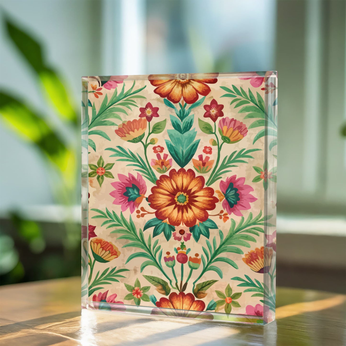 Folk Floral Pattern, Peruvian Inspired 01 - 5.25" x 7" Acrylic Block