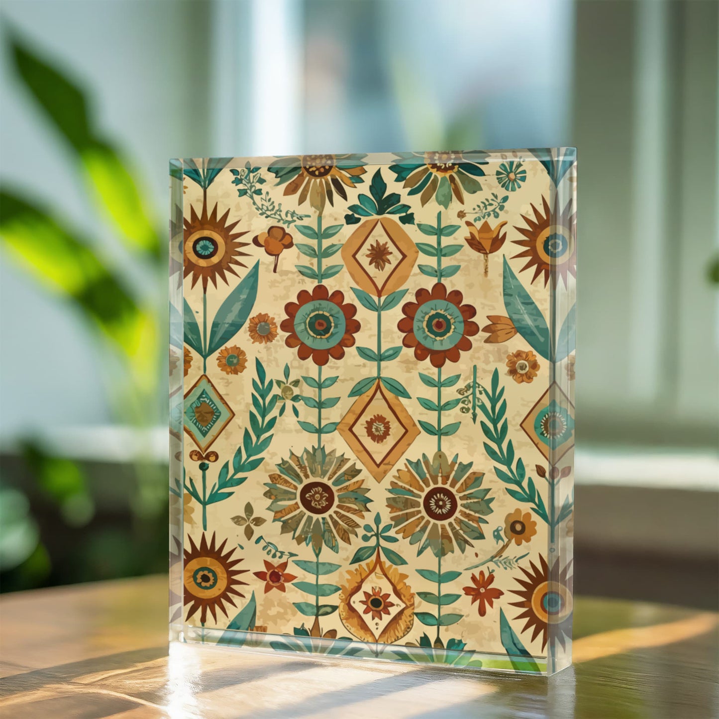 Folk Floral Pattern, Native American Inspired 02 - 5.25" x 7" Acrylic Block