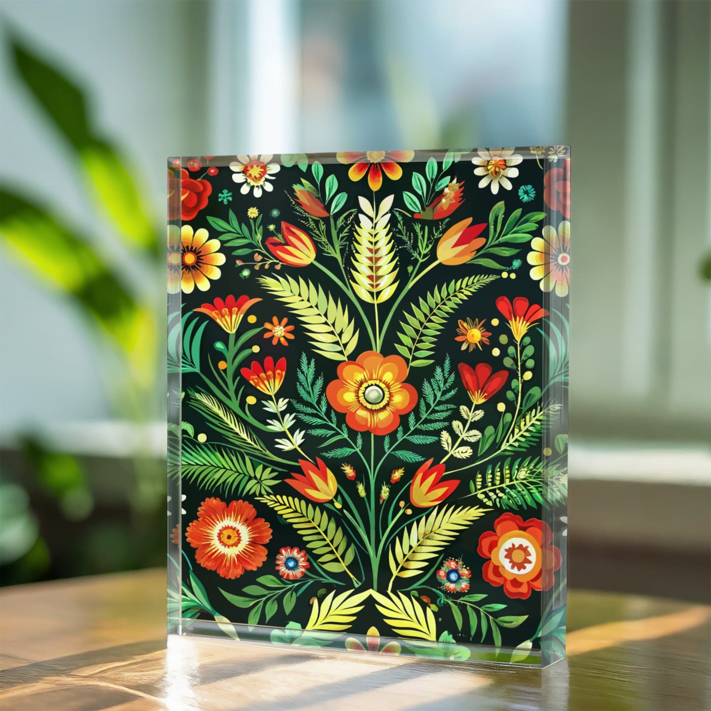 Folk Floral Pattern, Polish Inspired 02 - 5.25" x 7" Acrylic Block