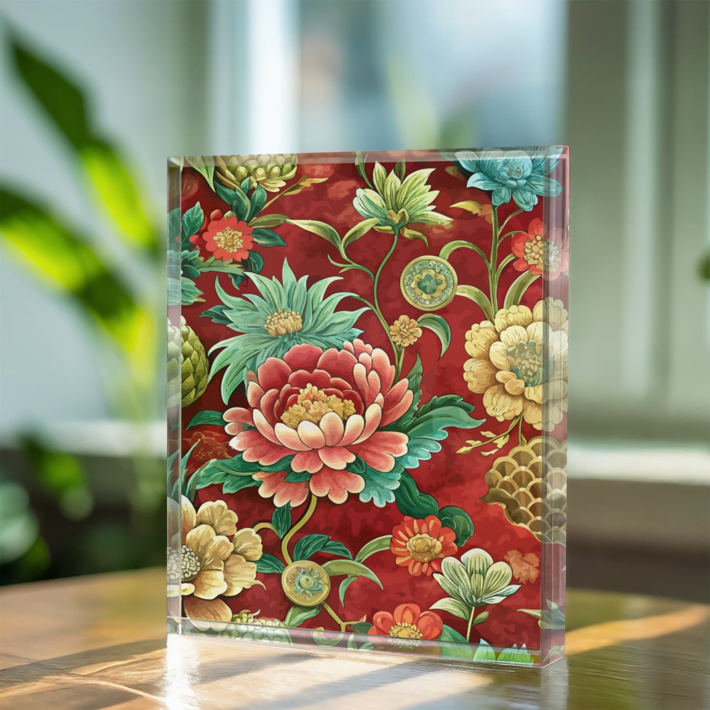 Folk Floral Pattern, Chinese Inspired 04 - 5.25" x 7" Acrylic Block