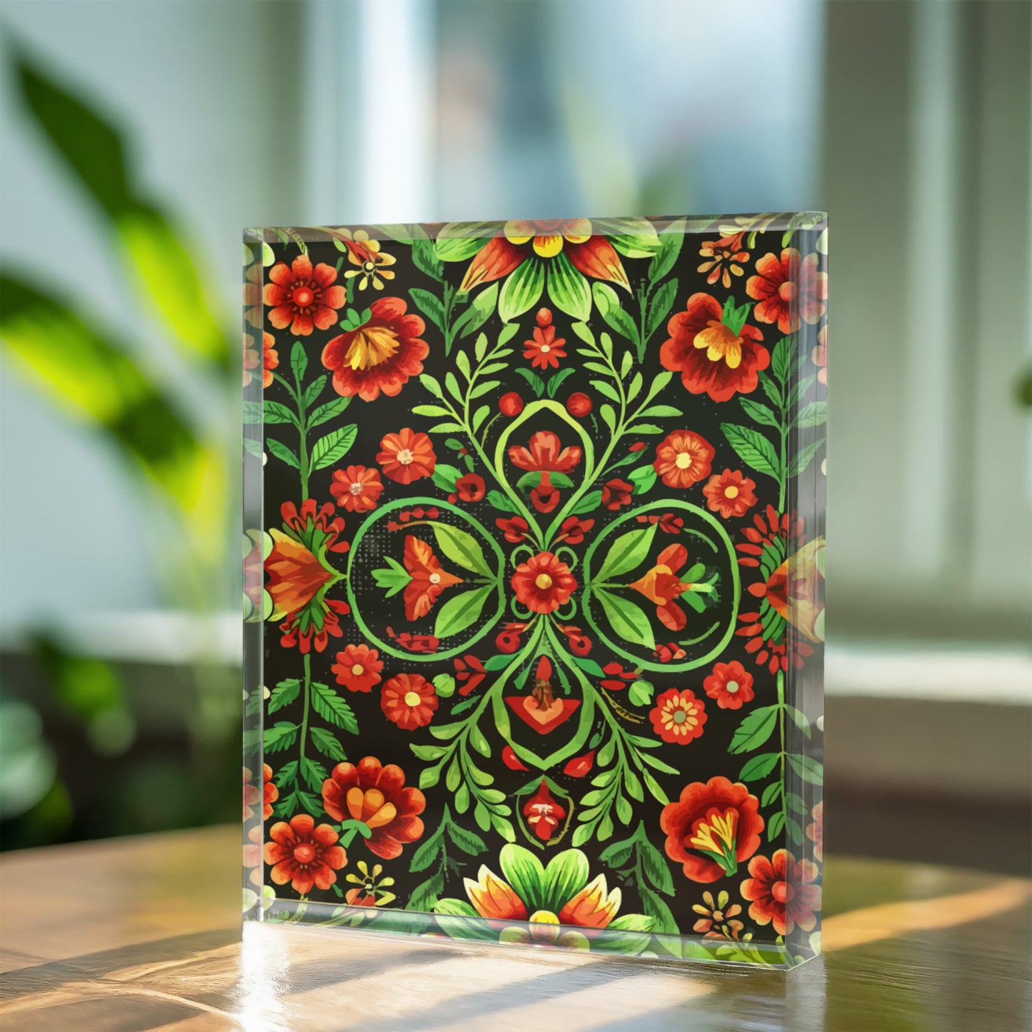 Folk Floral Pattern, Hungarian Inspired 04 - 5.25" x 7" Acrylic Block