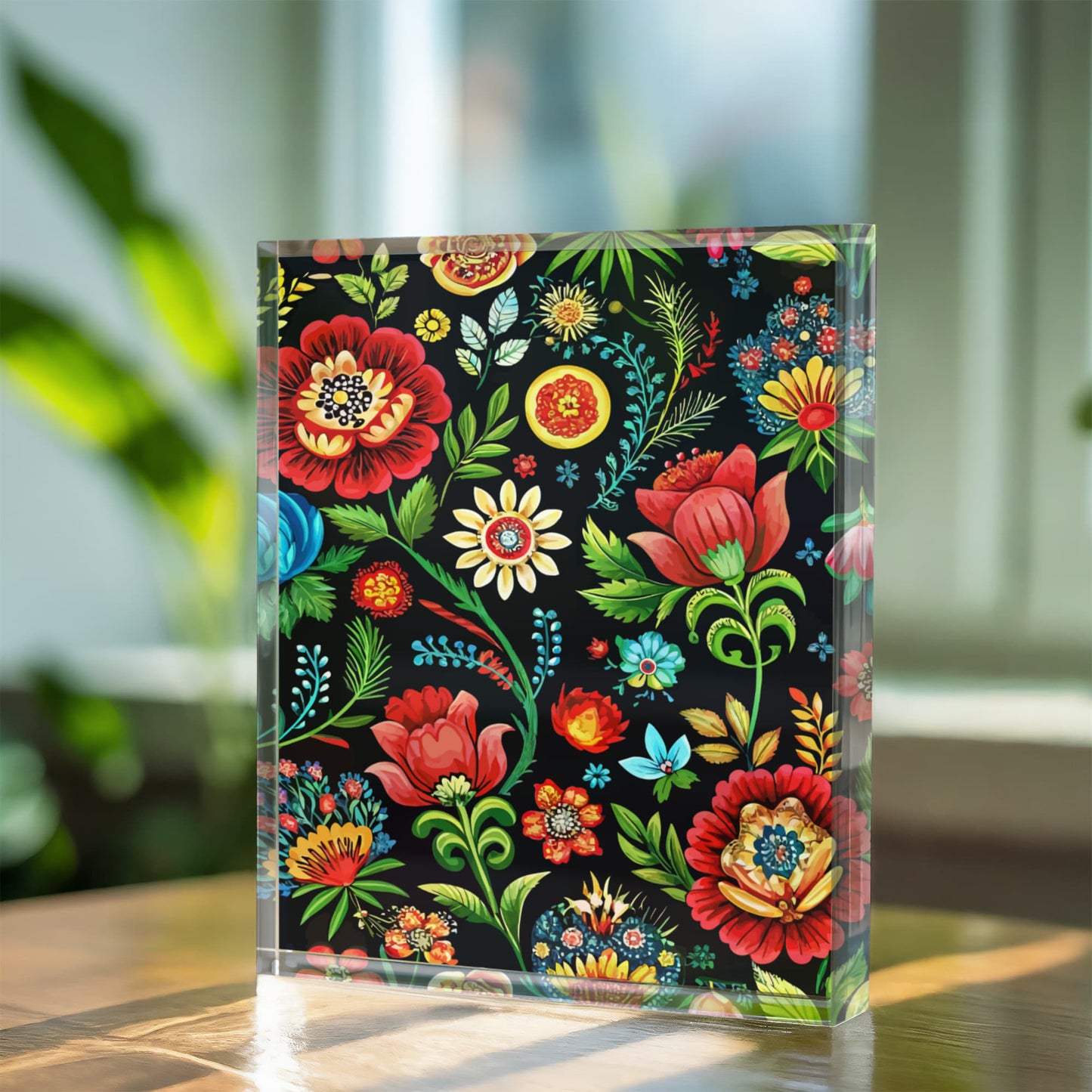Folk Floral Pattern, Hungarian Inspired 07 - 5.25" x 7" Acrylic Block