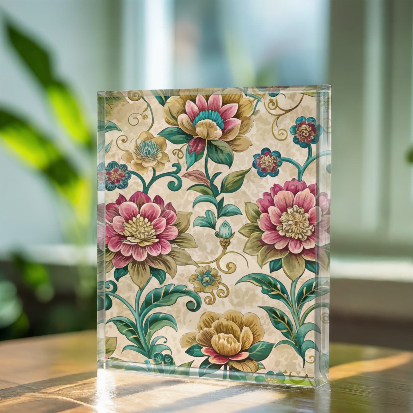 Folk Floral Pattern, Bhutanese Inspired 01 - 5.25" x 7" Acrylic Block
