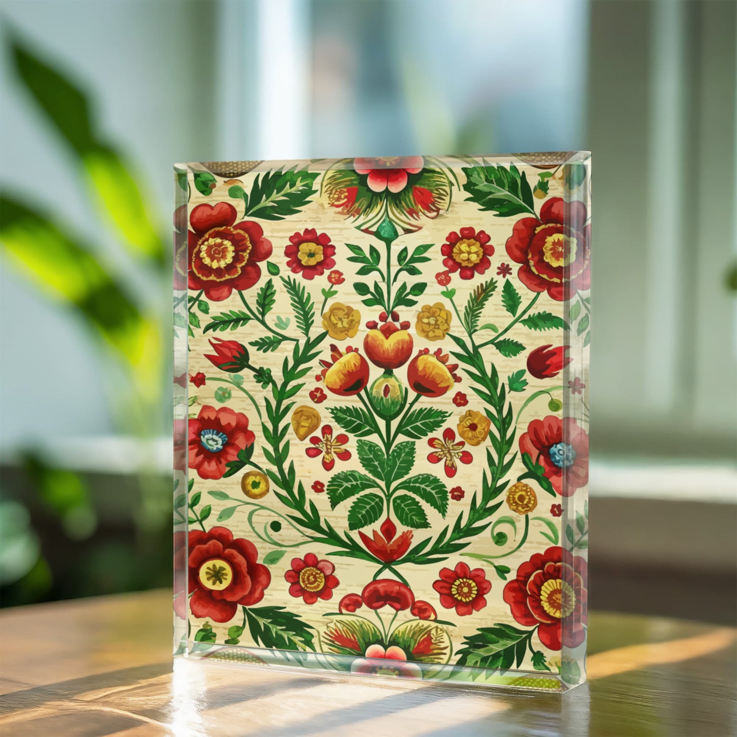 Folk Floral Pattern, Romanian Inspired 06 - 5.25" x 7" Acrylic Block