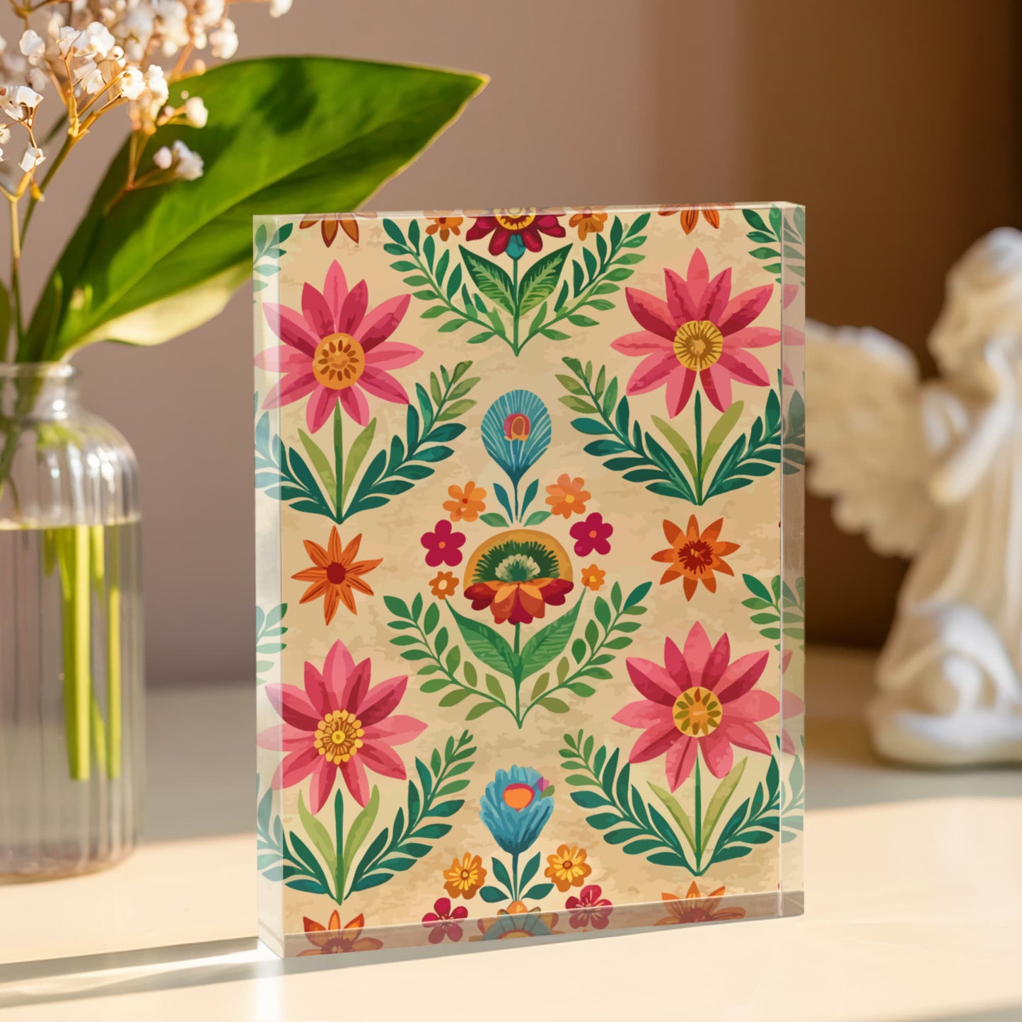 Folk Floral Pattern, Peruvian Inspired 02 - 5.25" x 7" Acrylic Block