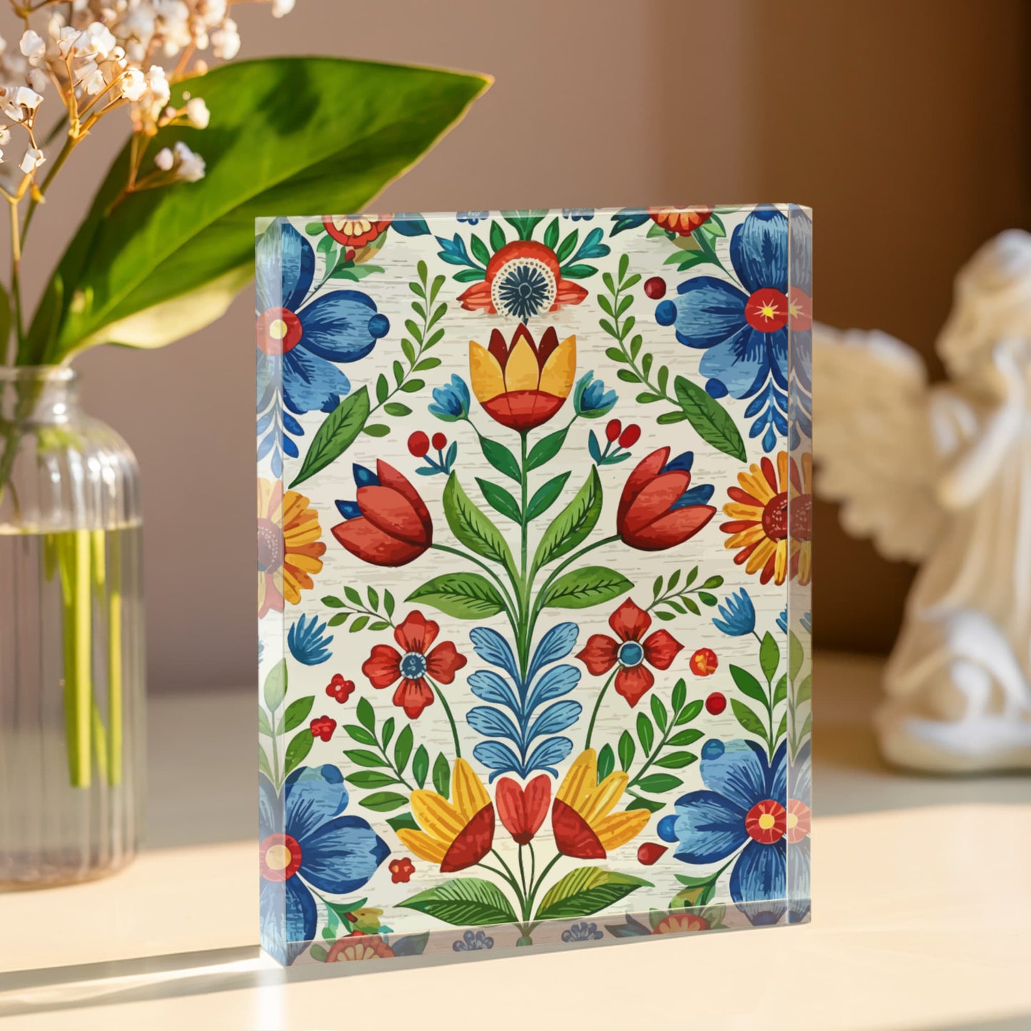 Folk Floral Pattern, Swedish Inspired 02 - 5.25" x 7" Acrylic Block