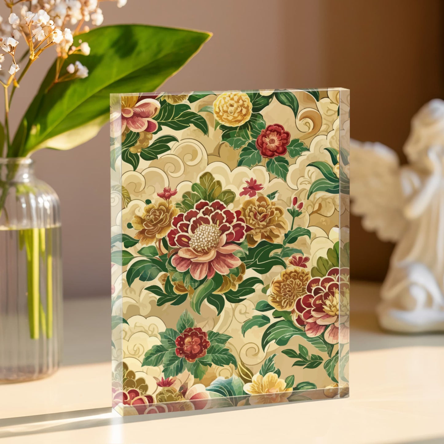 Folk Floral Pattern, Bhutanese Inspired 02 - 5.25" x 7" Acrylic Block