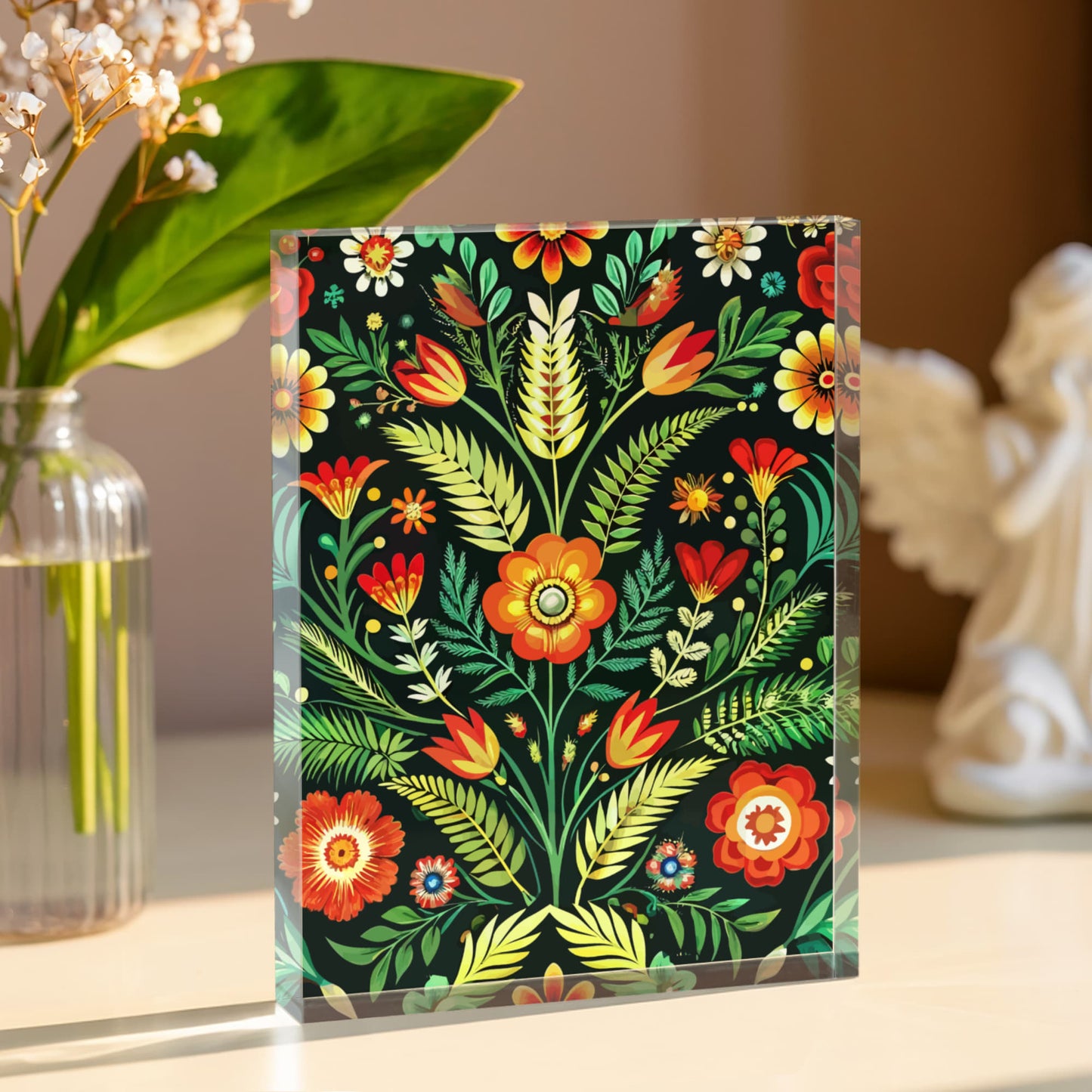 Folk Floral Pattern, Polish Inspired 02 - 5.25" x 7" Acrylic Block