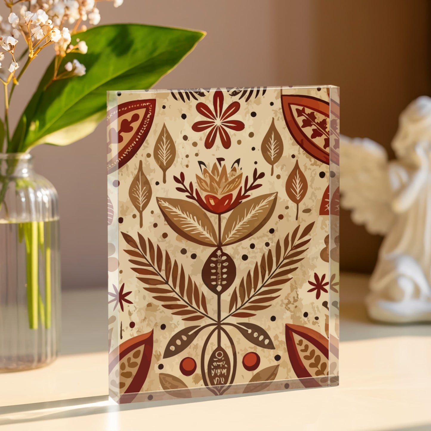 Folk Floral Pattern, Aztec Inspired 01 - 5.25" x 7" Acrylic Block