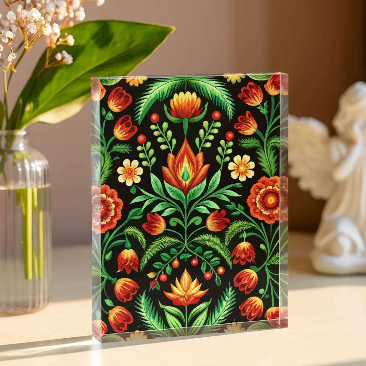 Folk Floral Pattern, Hungarian Inspired 02 - 5.25" x 7" Acrylic Block
