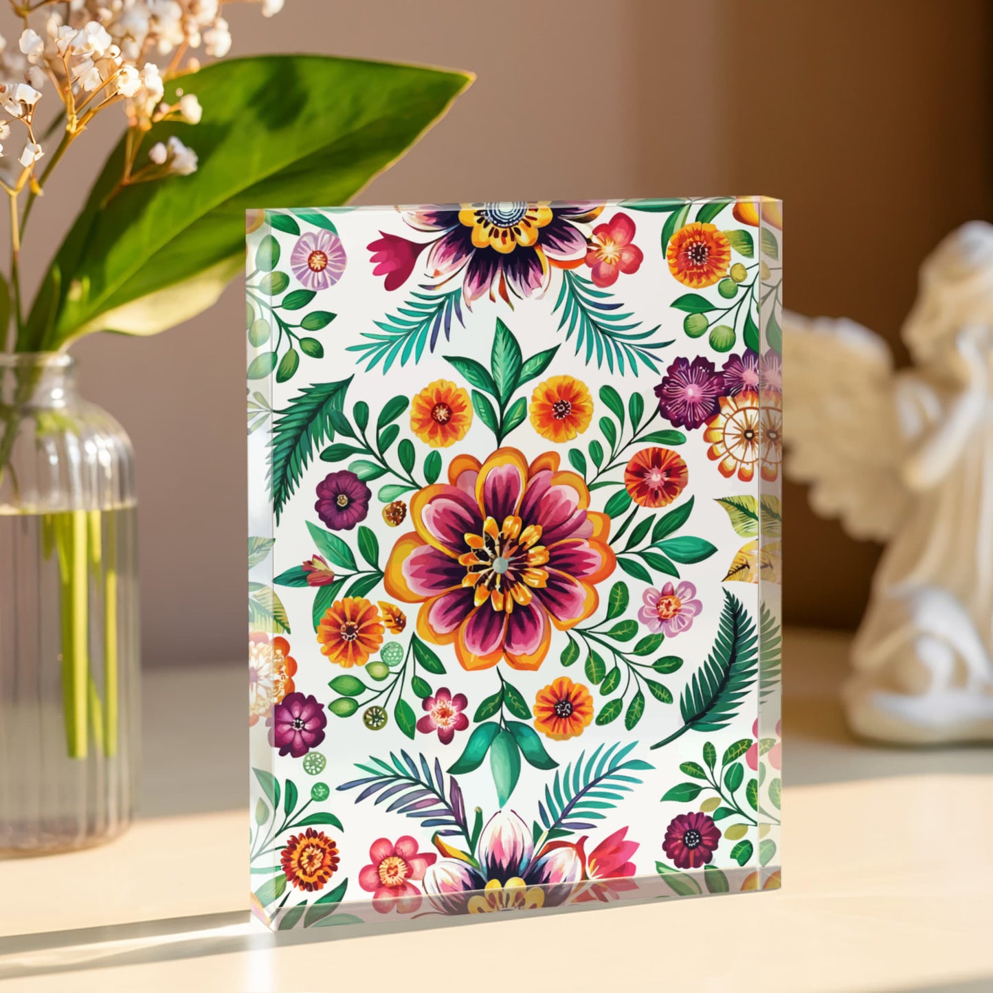 Folk Floral Pattern, Mexican Inspired 01 - 5.25" x 7" Acrylic Block