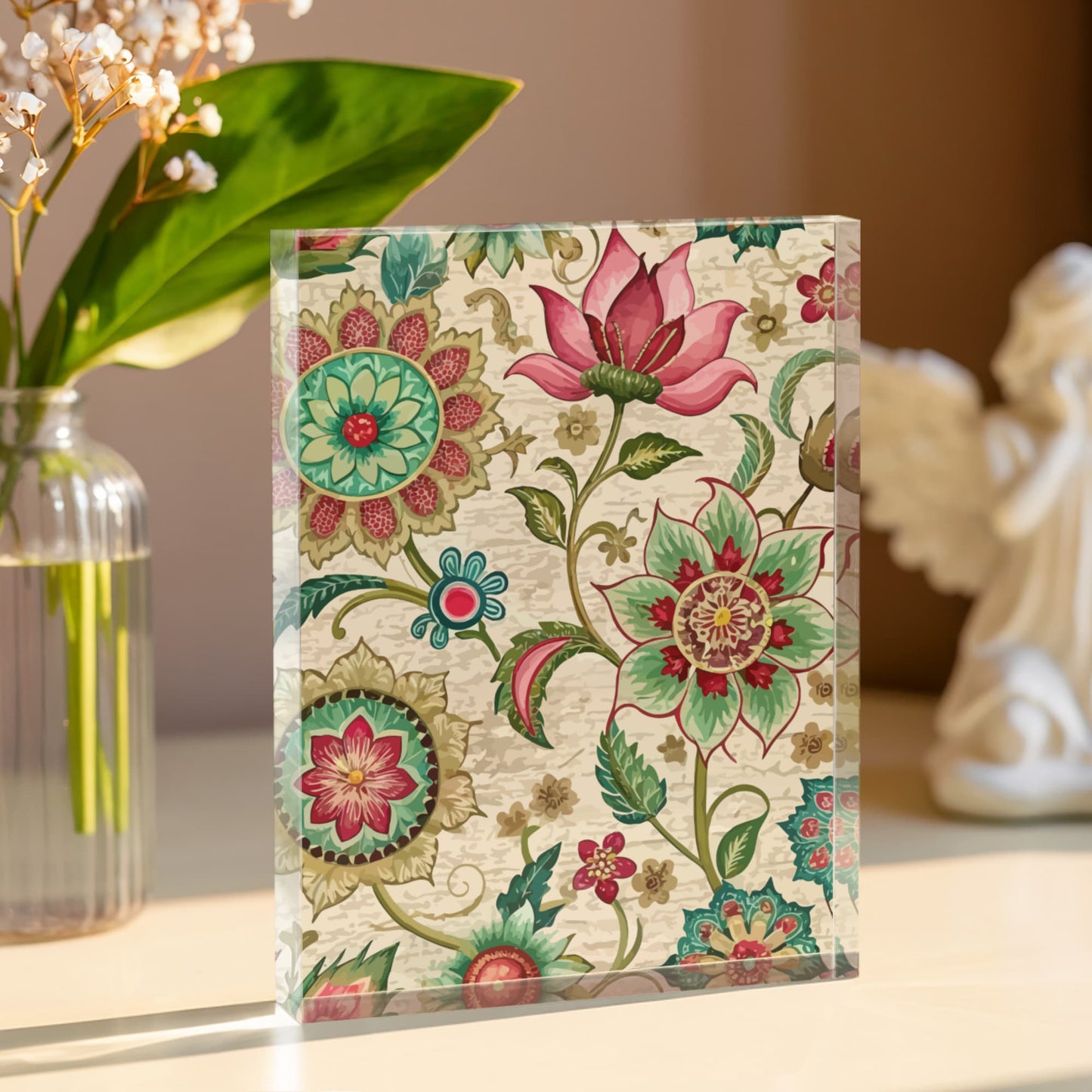 Folk Floral Pattern, Indian Inspired 01 - 5.25" x 7" Acrylic Block