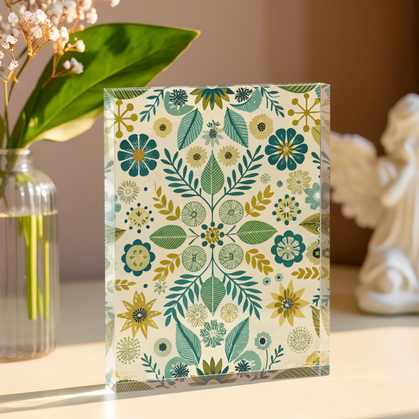 Folk Floral Pattern, Scandinavian Inspired 01 - 5.25" x 7" Acrylic Block