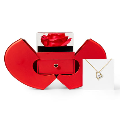 18k Yellow Gold Finish Forever Love Necklace With Red Heart Rose Gift Box