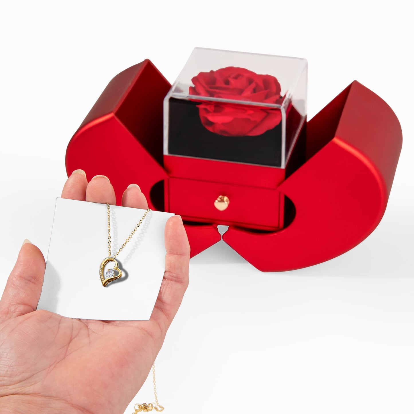 18k Yellow Gold Finish Forever Love Necklace With Red Heart Rose Gift Box