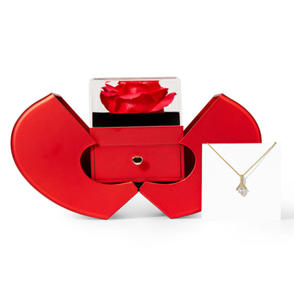 18K Yellow Gold Finish Alluring Beauty Necklace With Red Heart Rose Gift Box