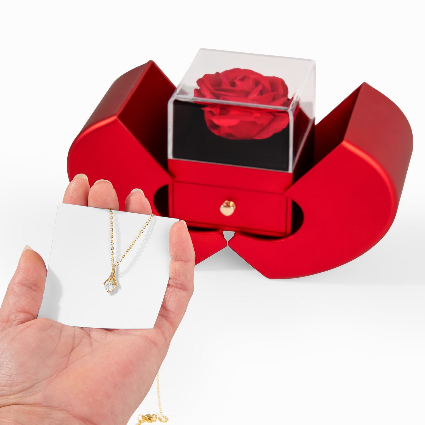 18K Yellow Gold Finish Alluring Beauty Necklace With Red Heart Rose Gift Box