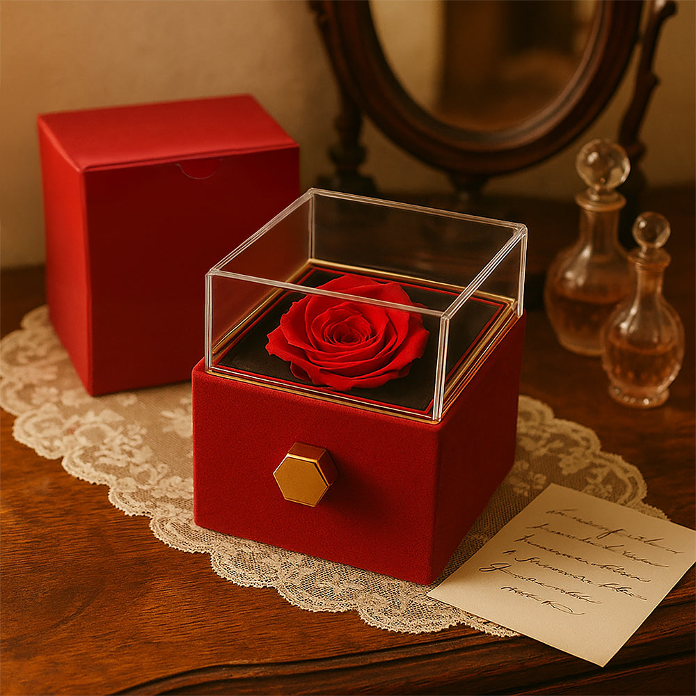 18K Yellow Gold Finish Alluring Beauty Necklace With Rotating Rose Gift Box