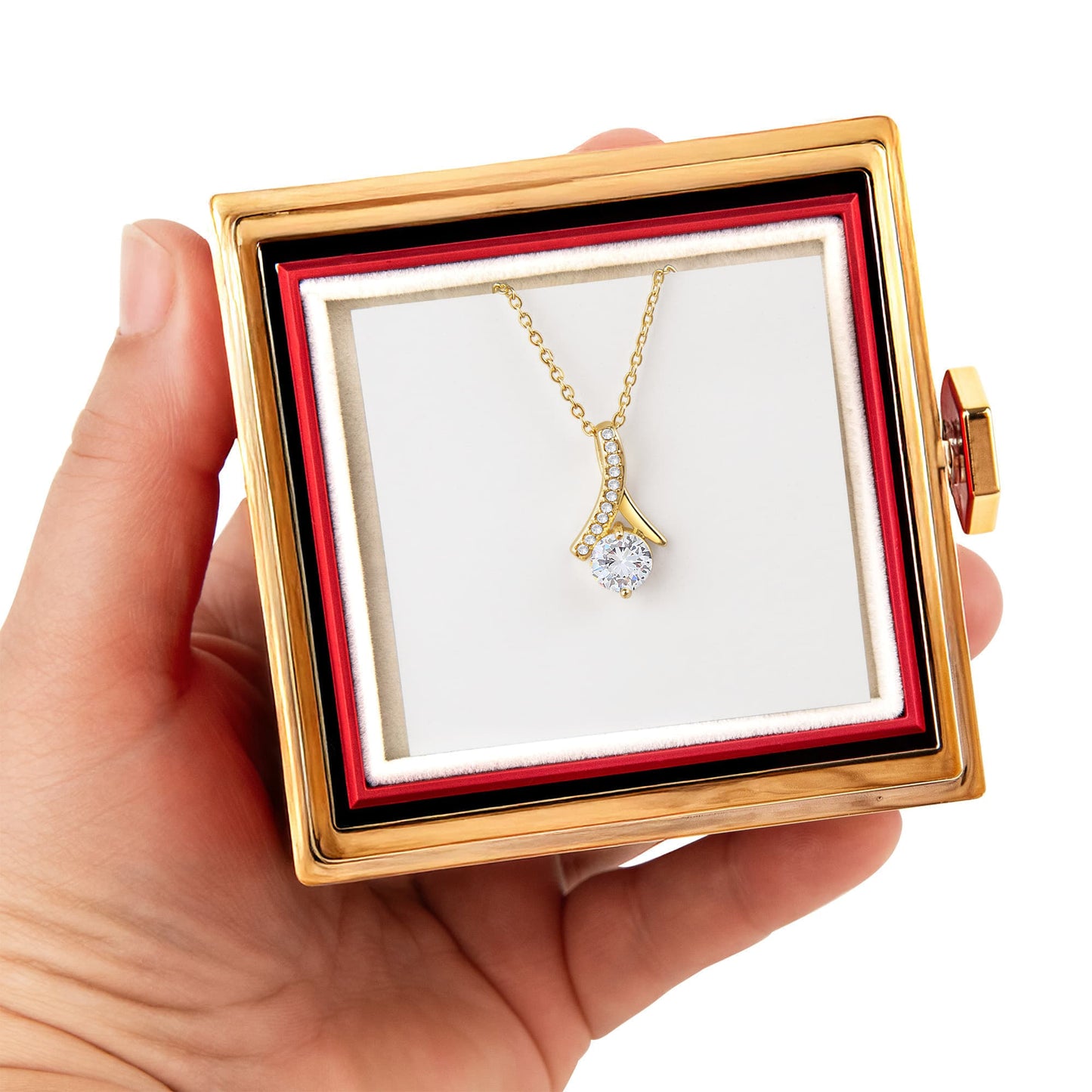 18K Yellow Gold Finish Alluring Beauty Necklace With Rotating Rose Gift Box
