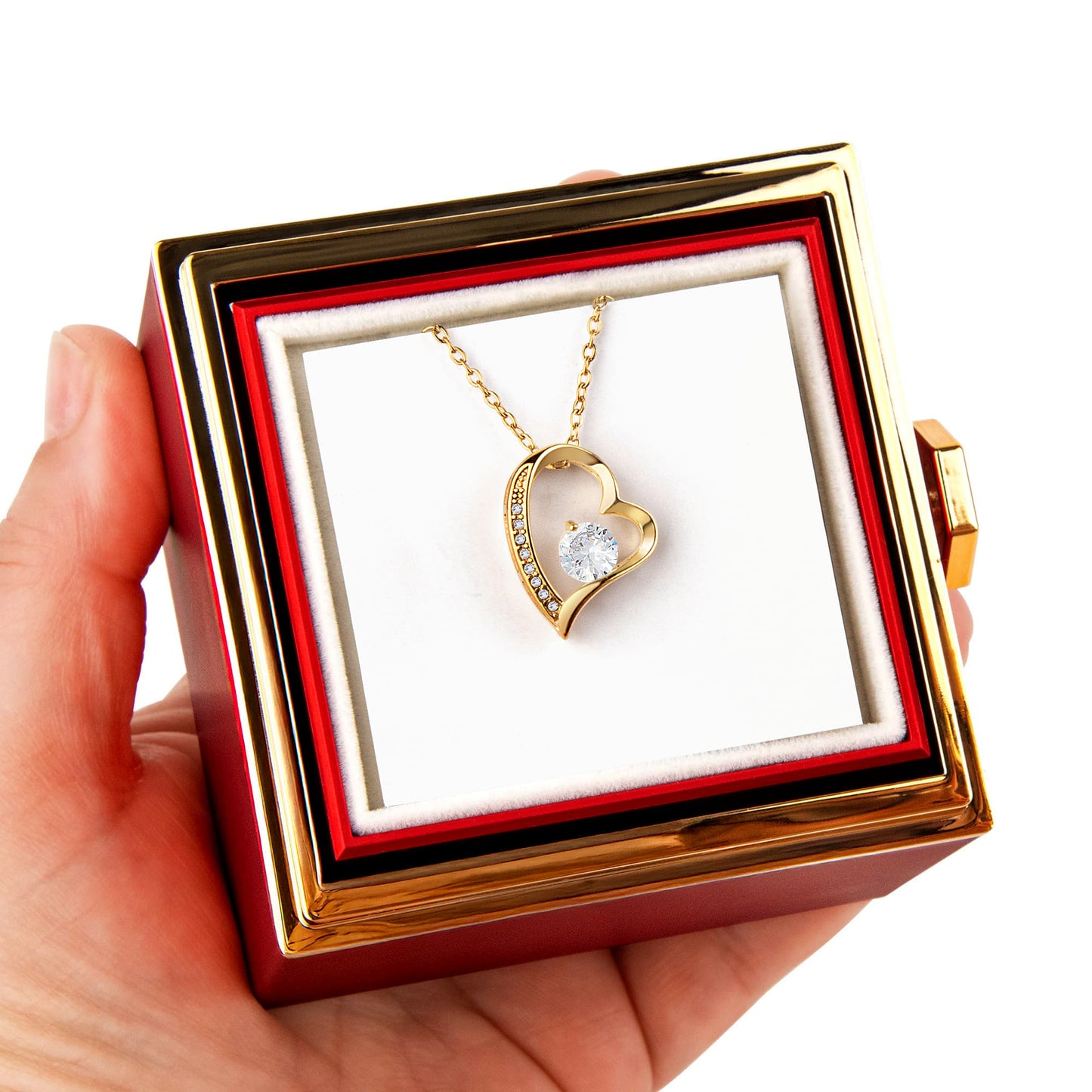 18k Yellow Gold Finish Forever Love Necklace With Rotating Rose Gift Box