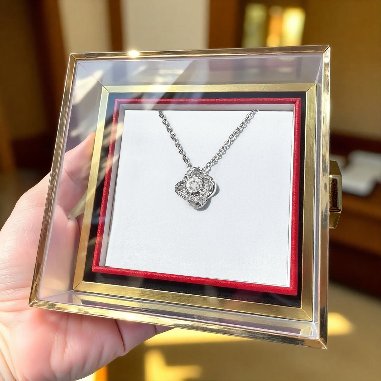 Love Knot Necklace With Rotating Rose Gift Box
