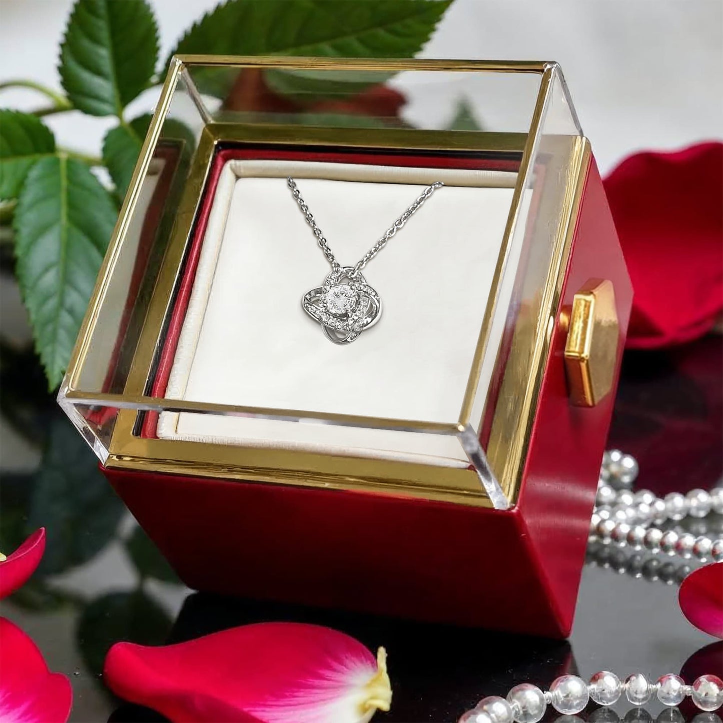 Love Knot Necklace With Rotating Rose Gift Box