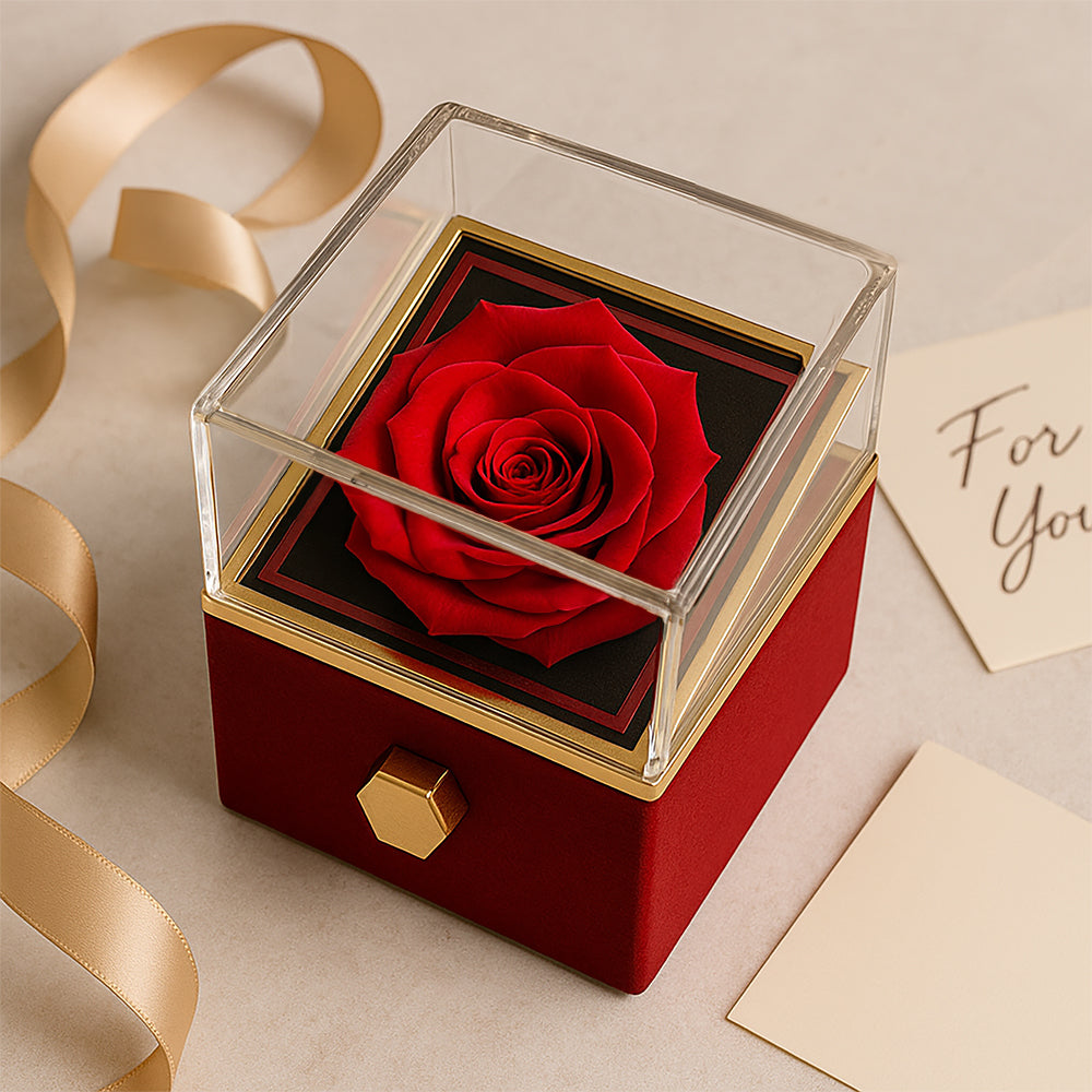 18K Yellow Gold Finish Love Knot Necklace With Rotating Rose Gift Box