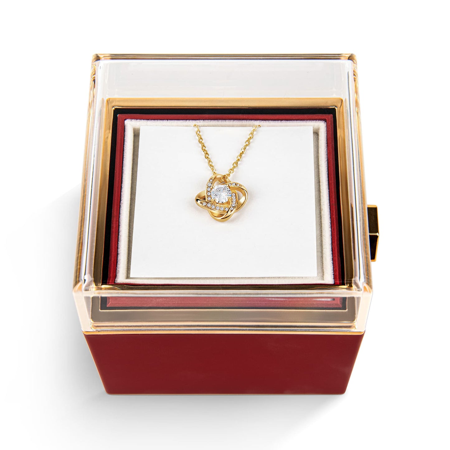 18K Yellow Gold Finish Love Knot Necklace With Rotating Rose Gift Box