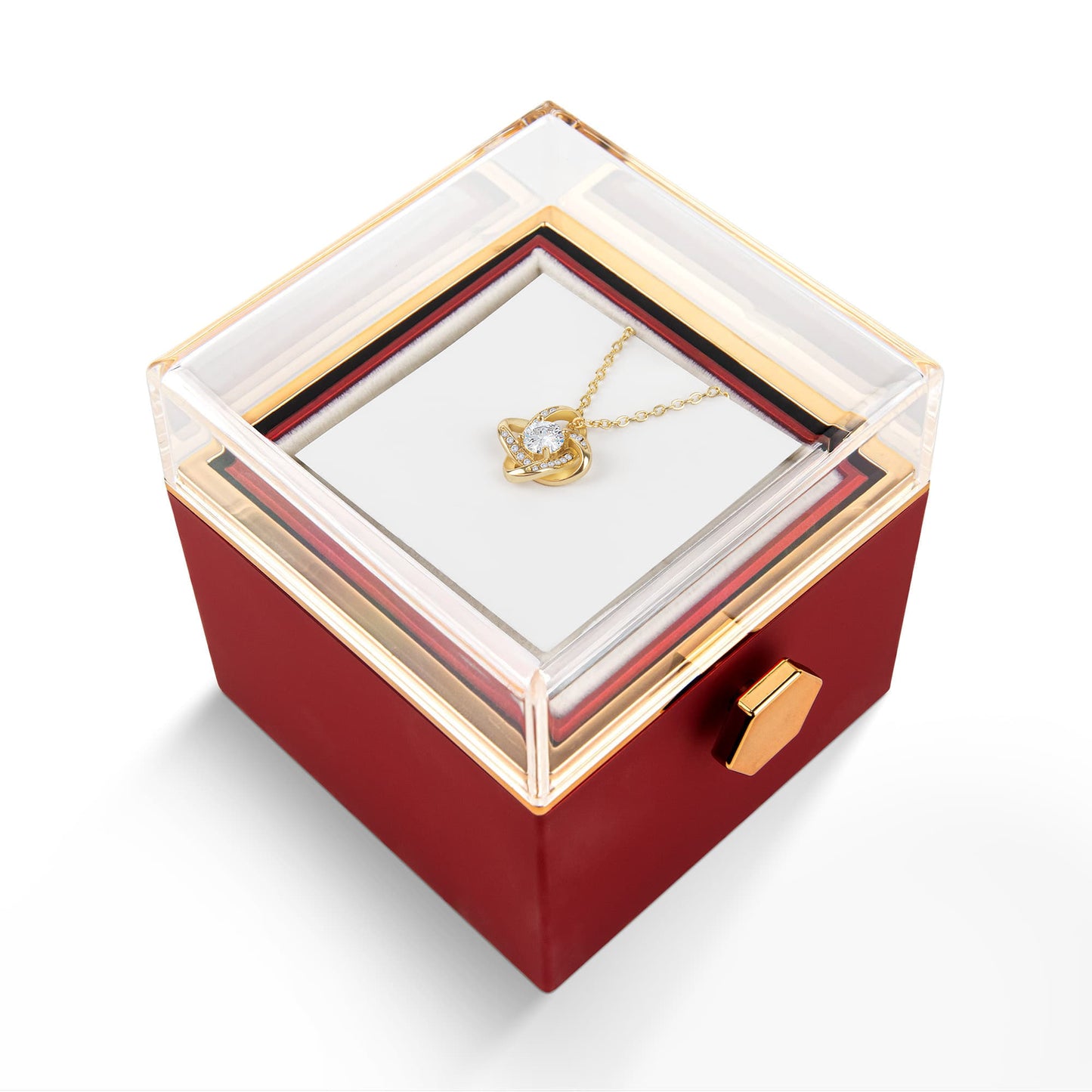 18K Yellow Gold Finish Love Knot Necklace With Rotating Rose Gift Box