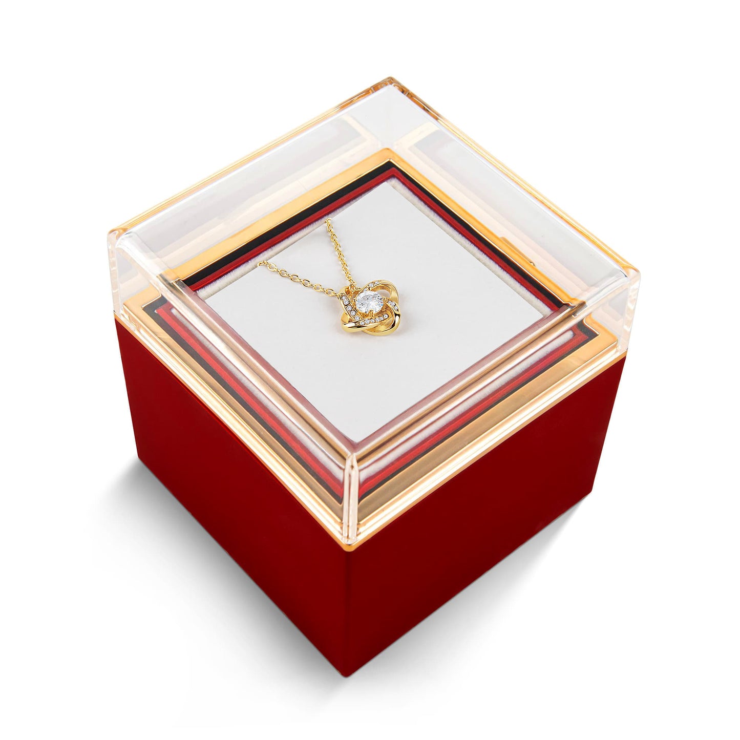 18K Yellow Gold Finish Love Knot Necklace With Rotating Rose Gift Box