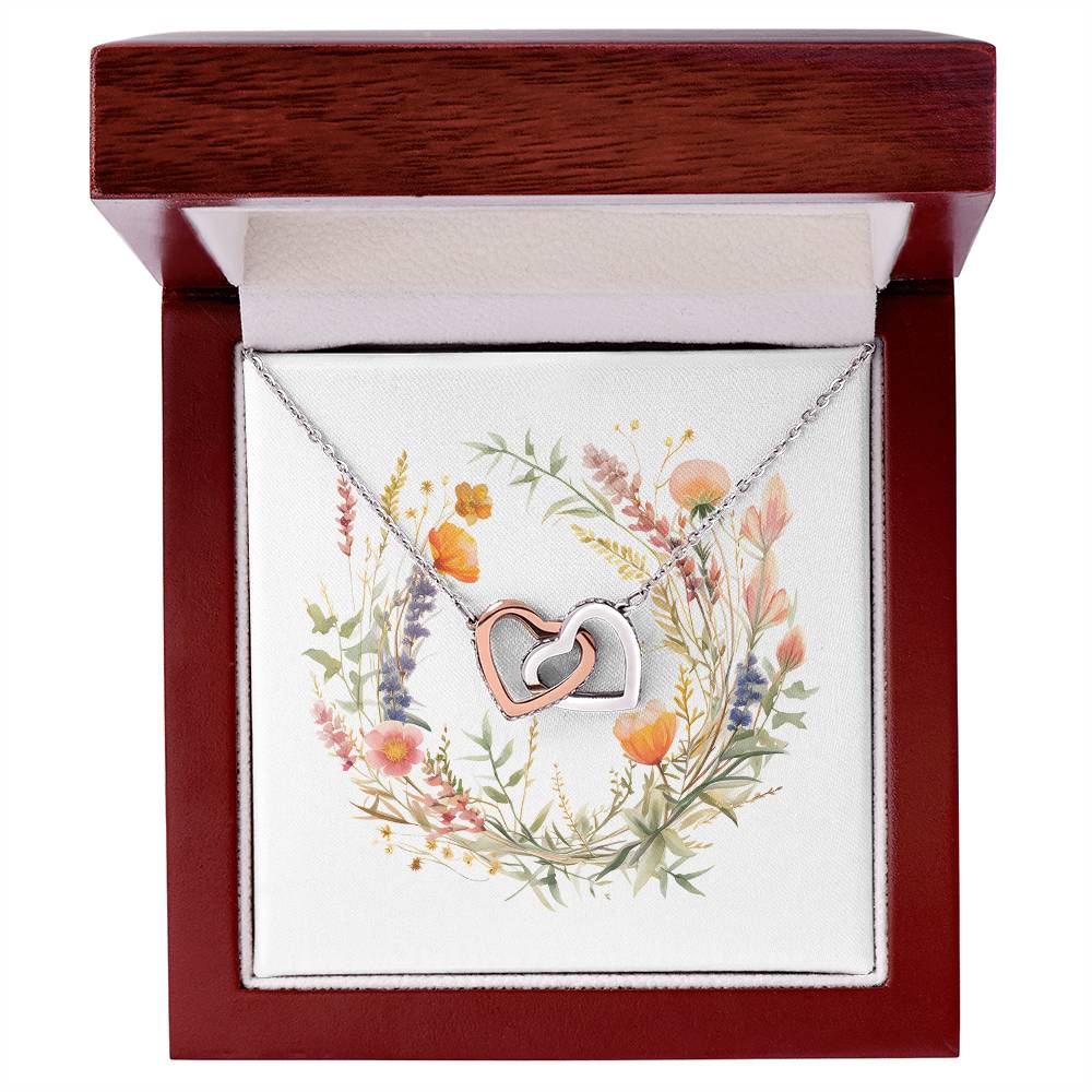 Boho Flowers Wreath Watercolor 09 - Interlocking Hearts Necklace With Mahogany Style Luxury Box