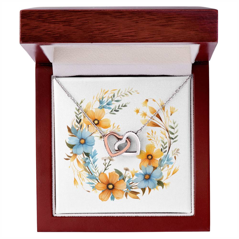 Boho Flowers Wreath Watercolor 13 - Interlocking Hearts Necklace With Mahogany Style Luxury Box