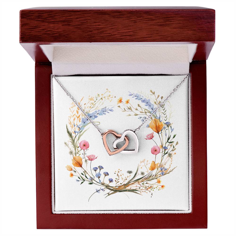 Boho Flowers Wreath Watercolor 15 - Interlocking Hearts Necklace With Mahogany Style Luxury Box