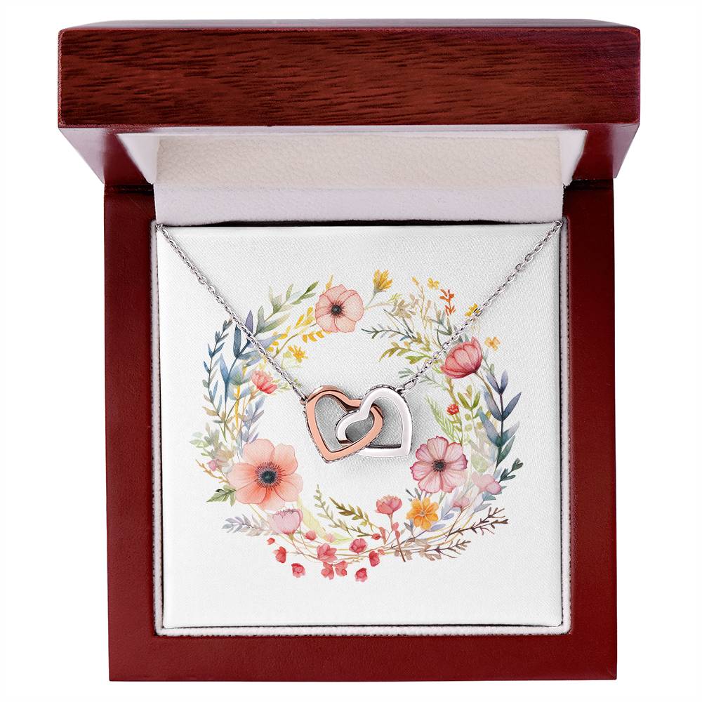 Boho Flowers Wreath Watercolor 01 - Interlocking Hearts Necklace With Mahogany Style Luxury Box