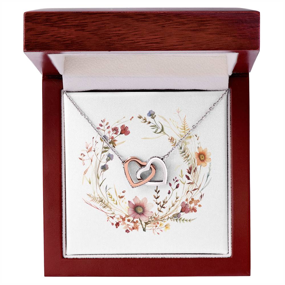 Boho Flowers Wreath Watercolor 08 - Interlocking Hearts Necklace With Mahogany Style Luxury Box